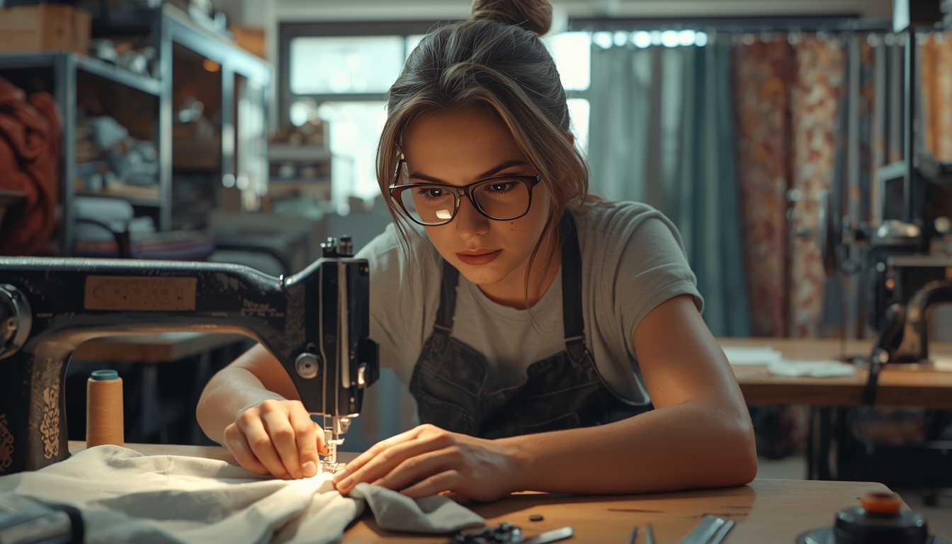 Craftsperson sewing custom curtains in workshop