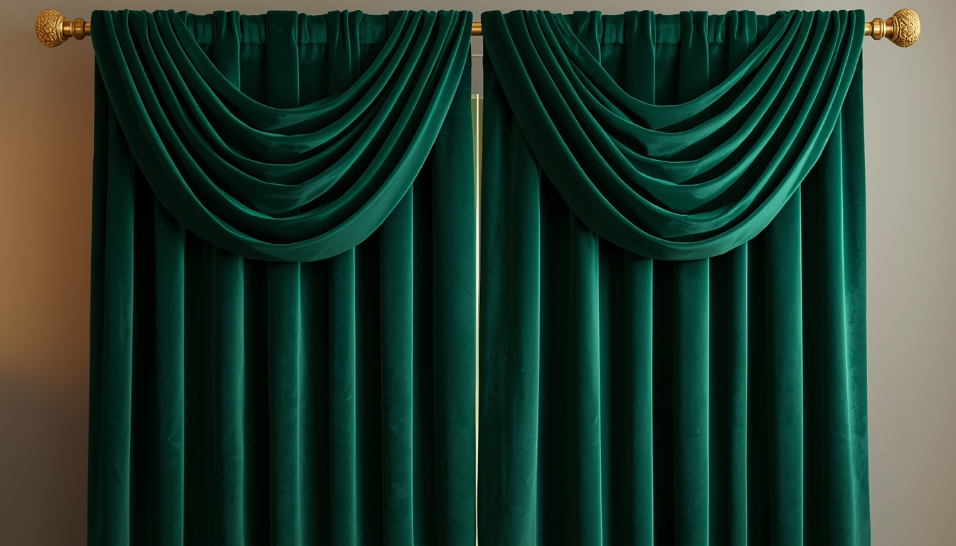 Luxurious velvet curtains in deep emerald